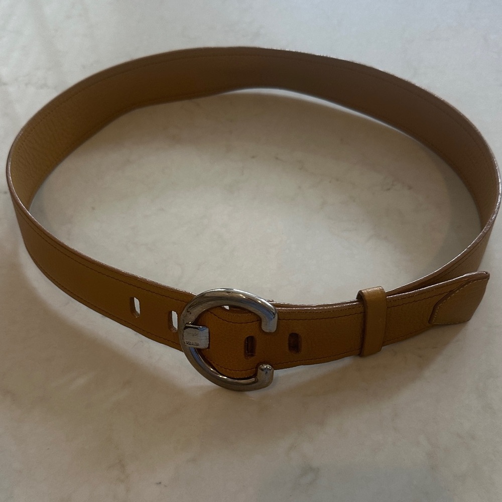 Prada Tan Leather Belt with Silver Buckle